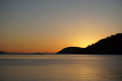 Scenic view of sea against romantic sky at sunset