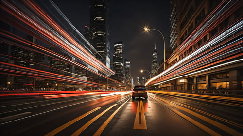 High angle view of light trails on road at night