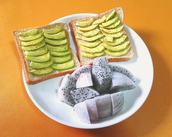 High angle view of cake in plate on table