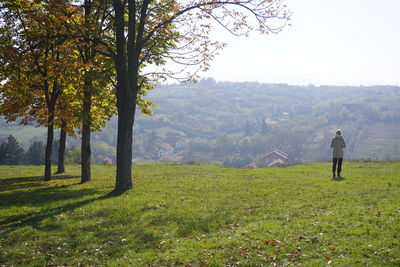 Rear view of man on field