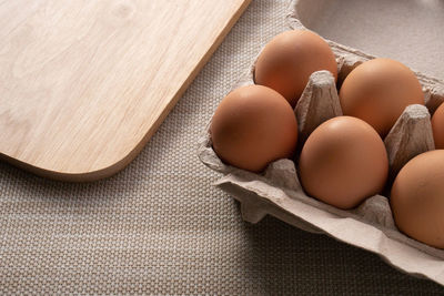 High angle view of eggs on table