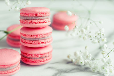 Close-up of macaroons and flowers on table