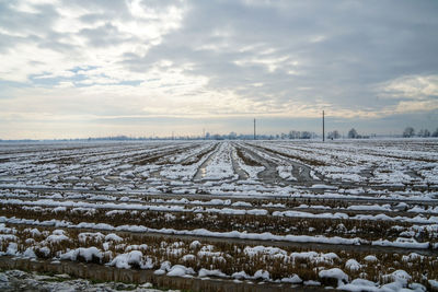 Snow covered field against sky during sunset