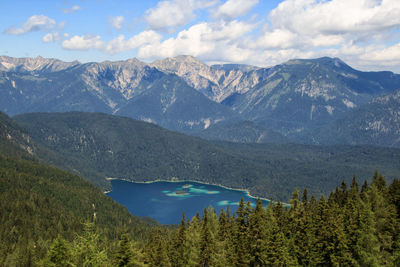 Scenic view of mountains and lake against sky