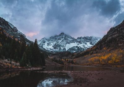 Scenic view of lake by snowcapped mountains against sky