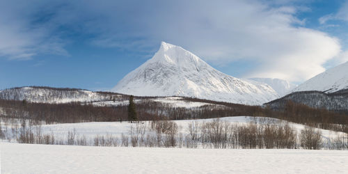 Scenic view of snowcapped mountains against sky