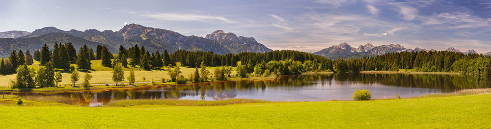 Scenic view of lake and mountains against sky