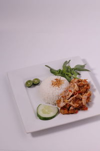 High angle view of meal served on table