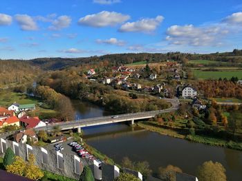 Aerial view of bridge over lake against sky