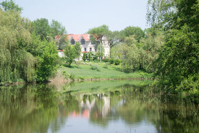 Scenic view of lake by building against sky