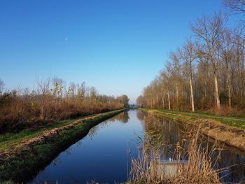 Scenic view of lake against clear blue sky