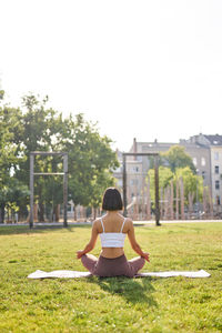 Rear view of woman sitting on grassy field