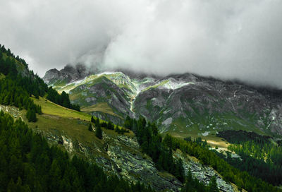 Scenic view of mountains against cloudy sky