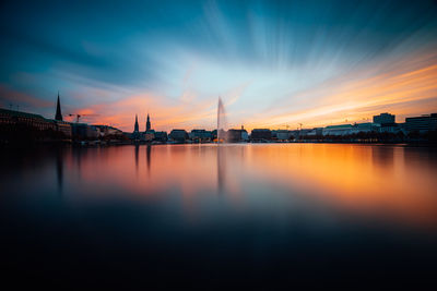 Reflection of buildings in city during sunset