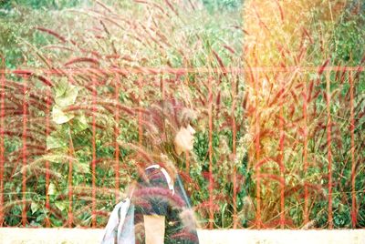 Woman standing on tree trunk