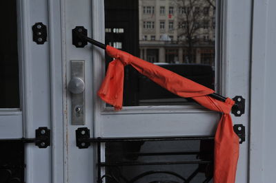 Close-up of red door