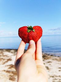 Cropped hand holding strawberry at beach against sky