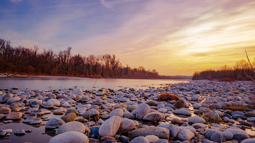 Surface level of rocks in winter at sunset