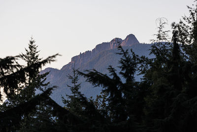 Low angle view of snowcapped mountains against clear sky