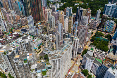 High angle view of modern buildings in city