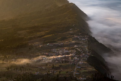 High angle view of townscape during foggy weather