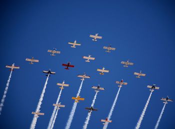 Low angle view of birds flying against blue sky