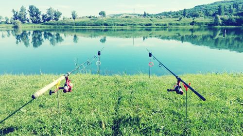 Fishing poles by lake