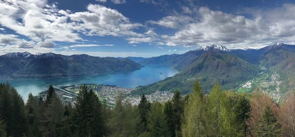 Panoramic view of lake and mountains against sky