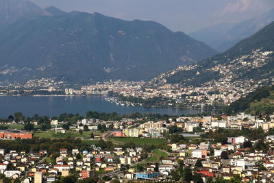 High angle view of town against sky