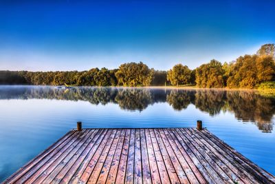 Scenic view of lake against clear blue sky