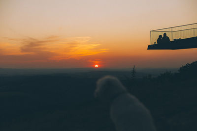 Silhouette of dog and people against sky during sunset