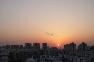 Birds flying over buildings against sky during sunset