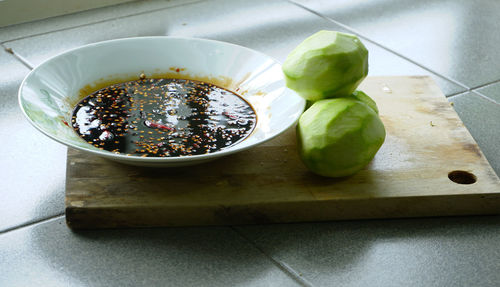 High angle view of food on cutting board