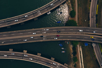 High angle view of bridge over highway in city