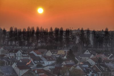 High angle view of townscape against sky during sunset