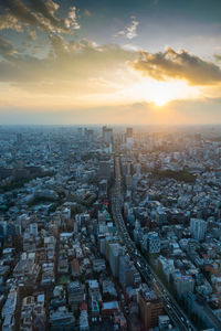 High angle view of cityscape against sky during sunset