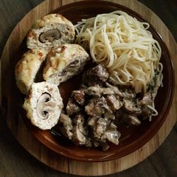 High angle view of food served in plate