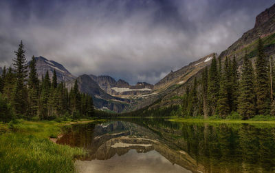 Scenic view of lake by mountains against sky