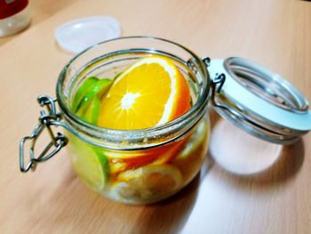 Close-up of drink in jar on table