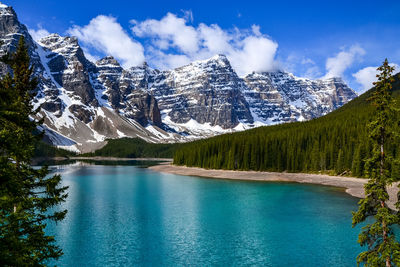 Scenic view of lake by snowcapped mountains against sky