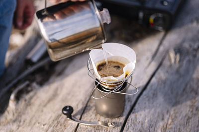 High angle view of coffee cup on table