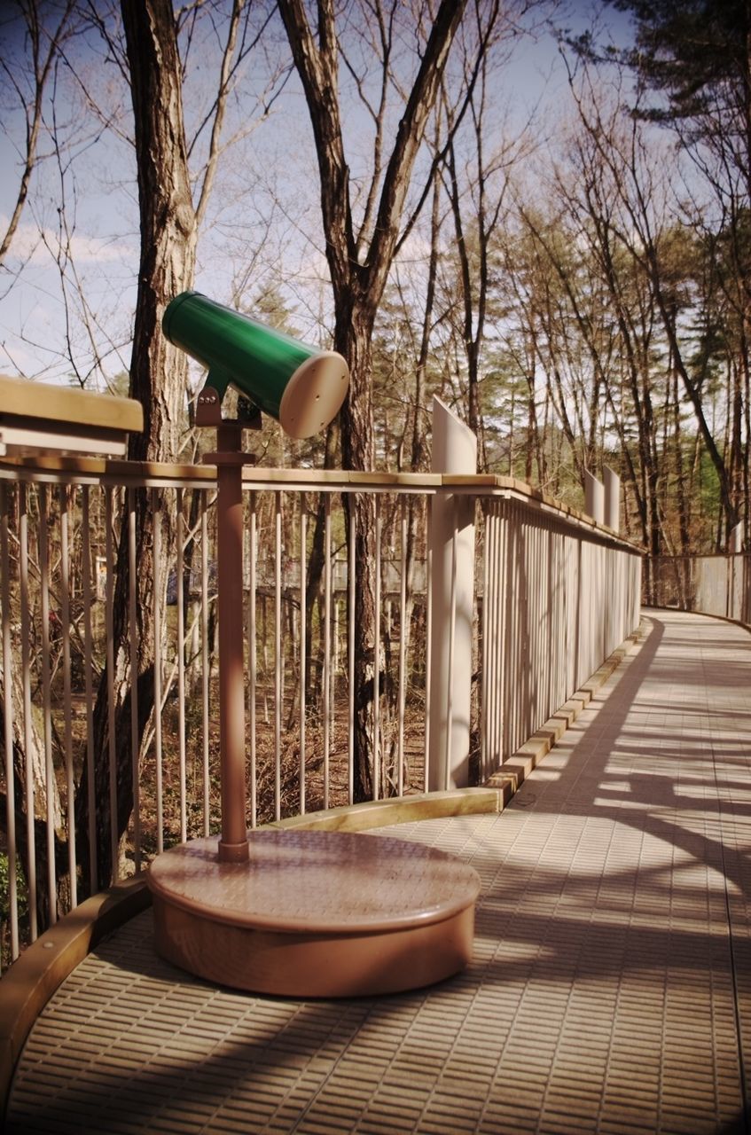 tree, built structure, building exterior, architecture, railing, sunlight, chair, shadow, day, absence, outdoors, city, empty, table, bench, footpath, wood - material, sky, sidewalk, branch