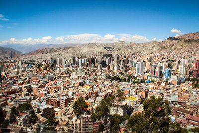 High angle shot of townscape against sky