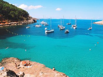 High angle view of boats sailing in sea