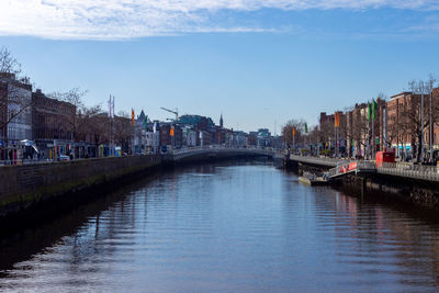 Bridge over river by buildings in city against sky