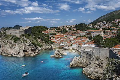 High angle view of town against sky