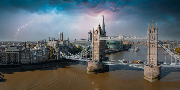 Lightening and thunderstorm in the middle of london near the tower bridge.