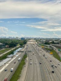 High angle view of highway in city against sky