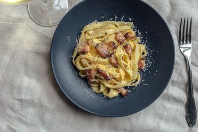 High angle view of food in plate on table