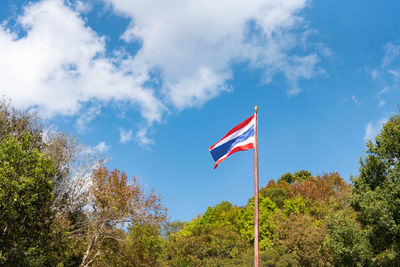 Low angle view of flag amidst trees against sky